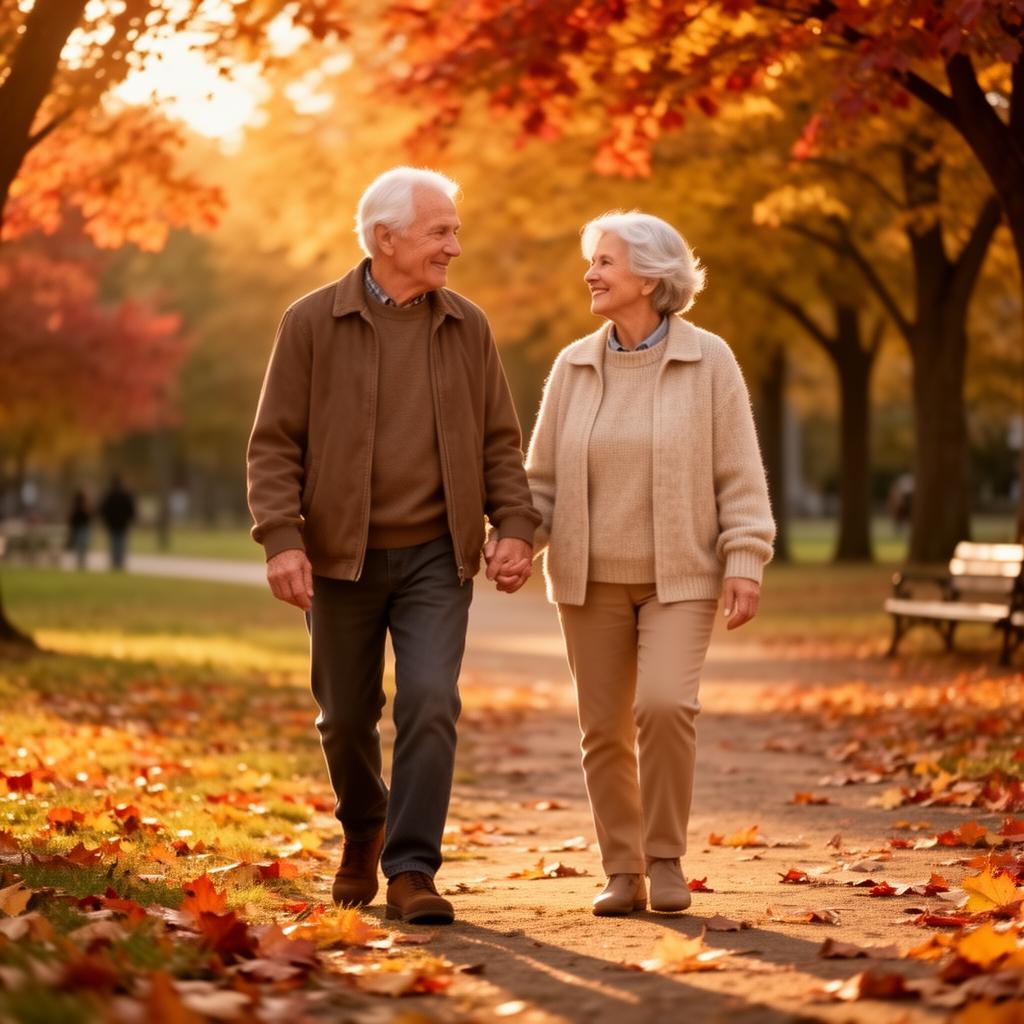 A couple walking together through a park on a bright day