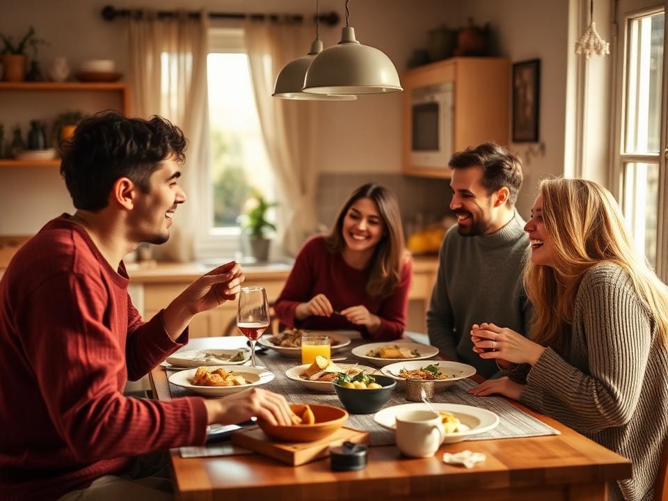 Friends sharing a meal around a kitchen table