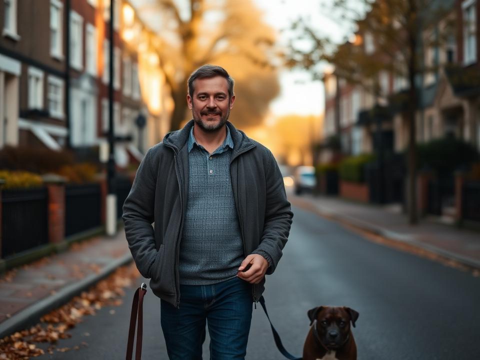 A man walking his dog on a quiet street in the morning