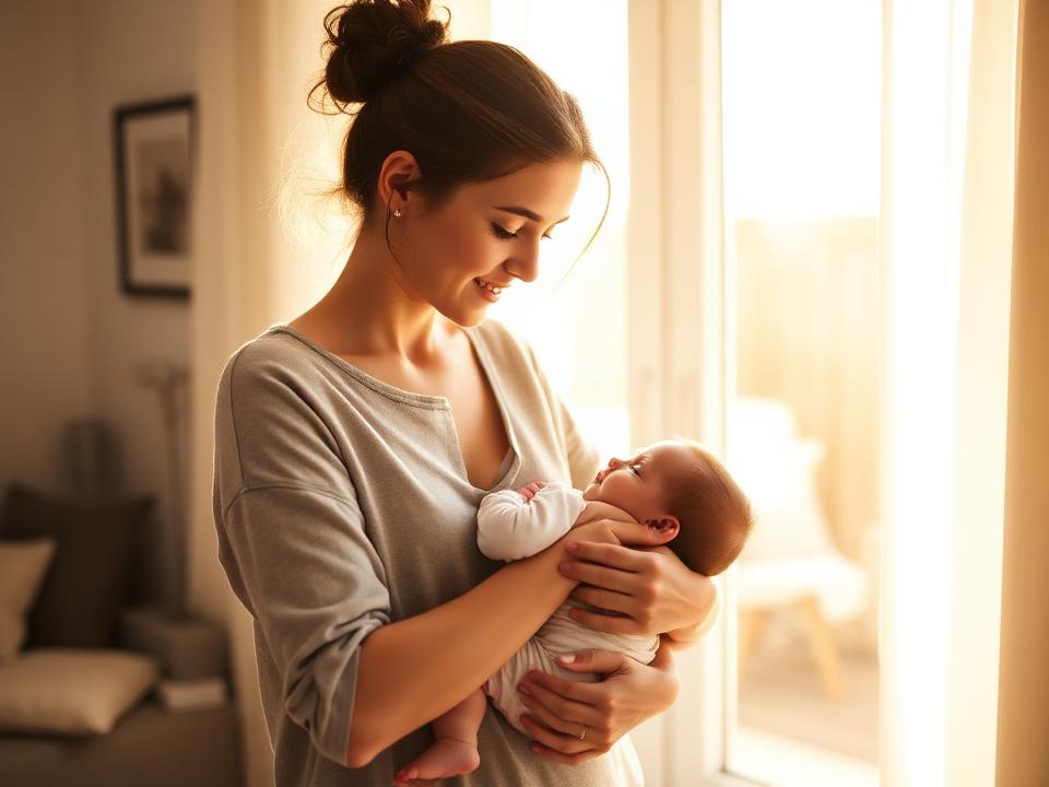 A mother holding her baby by a sunlit window